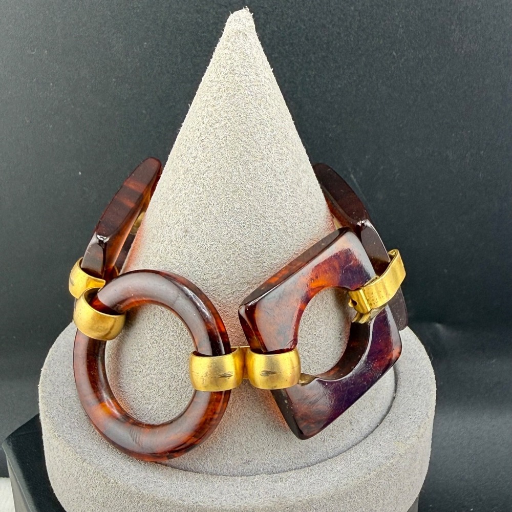 Vintage Bakelite Bracelet Rootbeer Gold Tone Circle Square Link 7"